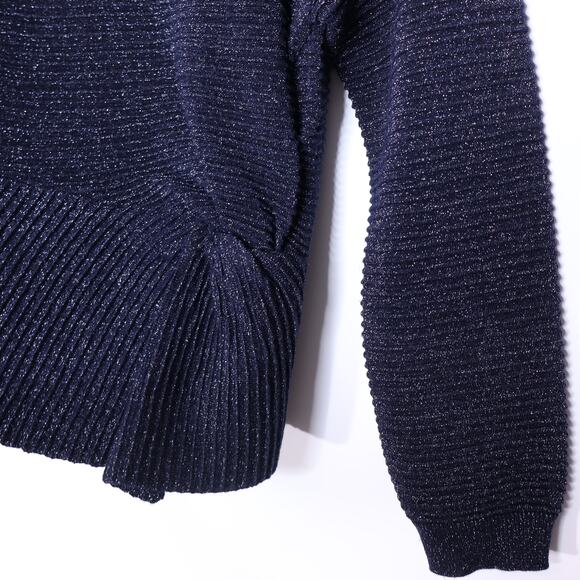 MICHELLE MASON Metallic Twist Ribbed Sweater Navy Asymmetric Hem Women's P/US 2 - Picture 5 of 13